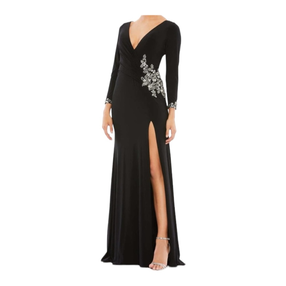 Mac Duggal Jersey Rhinestone Slit Maxi Dress Formal Long Gown Size 10